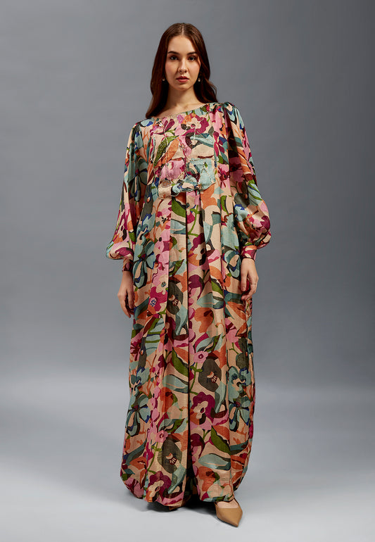 AlMaha Kaftan With Ruffled Sleeves And Front Folds