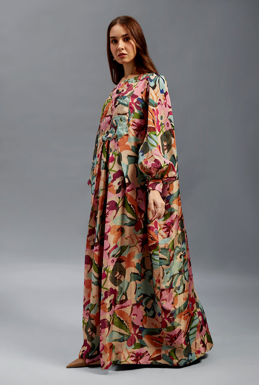 AlMaha Kaftan With Ruffled Sleeves And Front Folds
